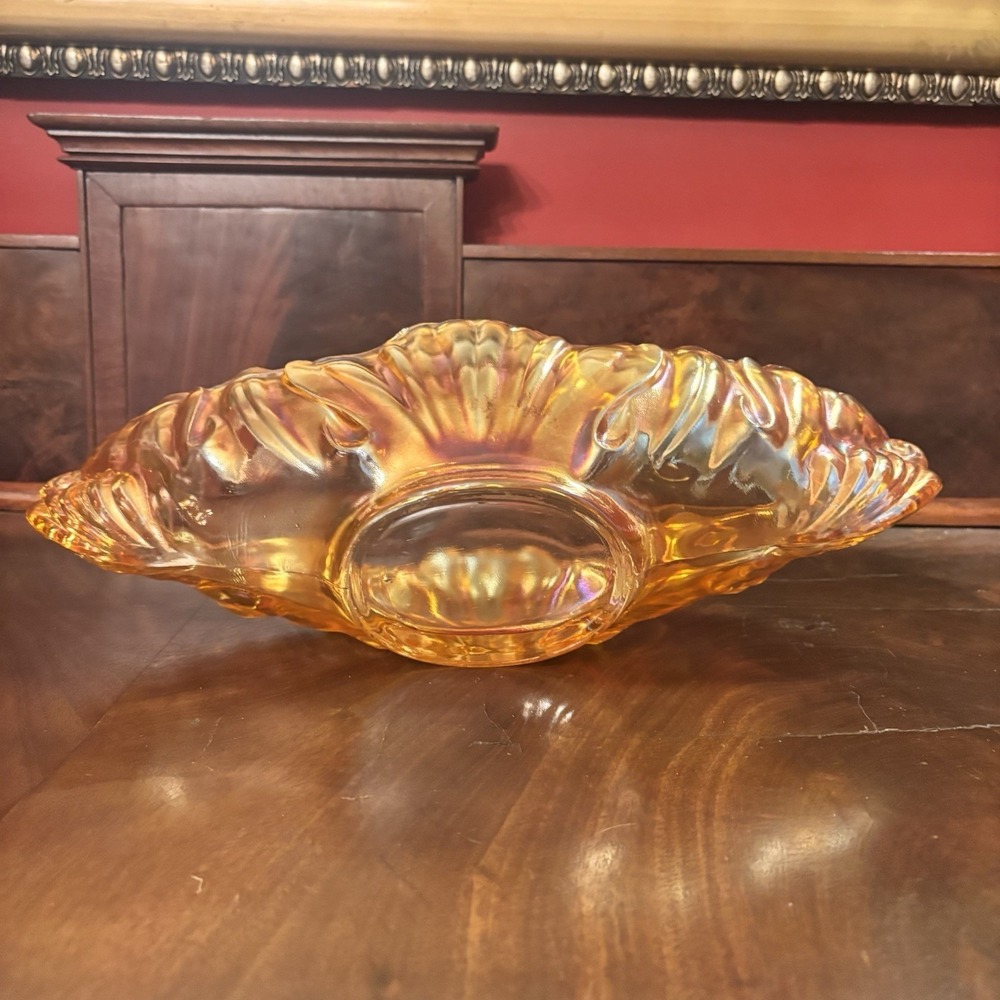 Vintage Jeannette Glass Marigold Carnival Glass Gondola Bowl Iridescent 15" Oval - Picture 6 of 8